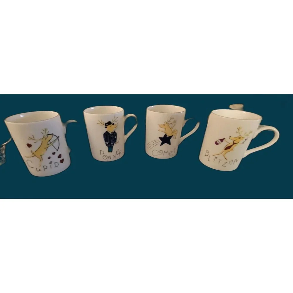Set Of 4 Pottery Barn Reindeer Coffee Mugs Comet Cupid Donner Blitzen